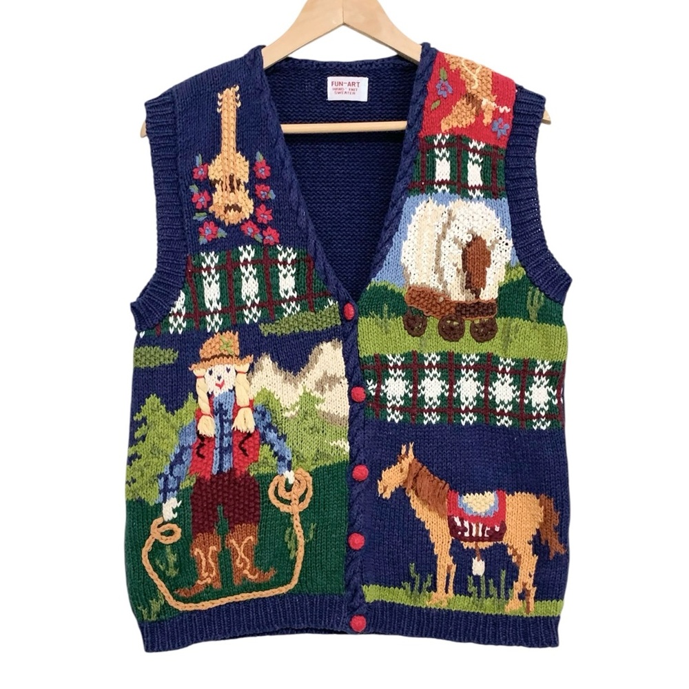 Vintage Western Theme Hand Knit Sweater Vest | Size M - Picture 2 of 11